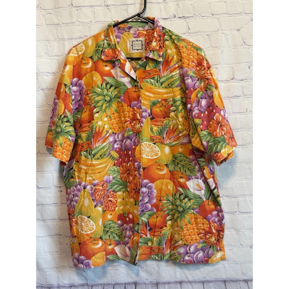 VTG Mixed Blues Tropical Fruit Shirt Men L All Over Print Maximalist Camp Core